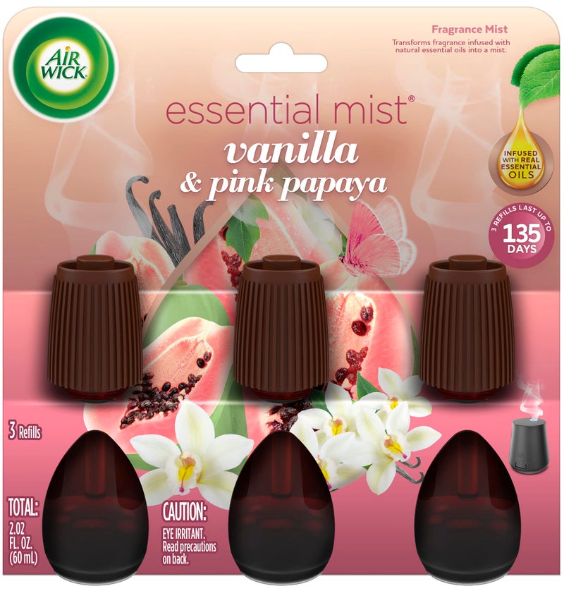 Air Wick Essential Mist Refill 3 Ct Vanilla and Pink Papaya Essential Oils Diffuser Air Freshener