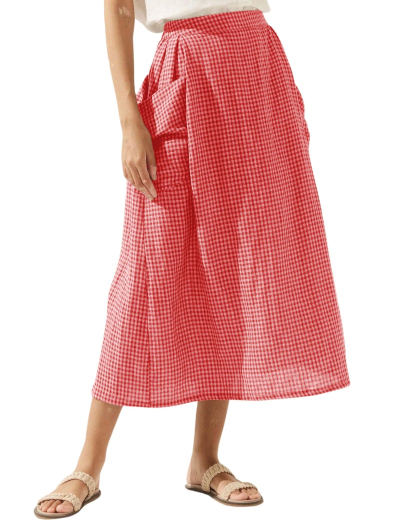 MISSACTIVER Plaid Skirts for Women Elastic Waist Midi Skirt with Pockets Vintage Flowy Gingham Long Skirt Red
