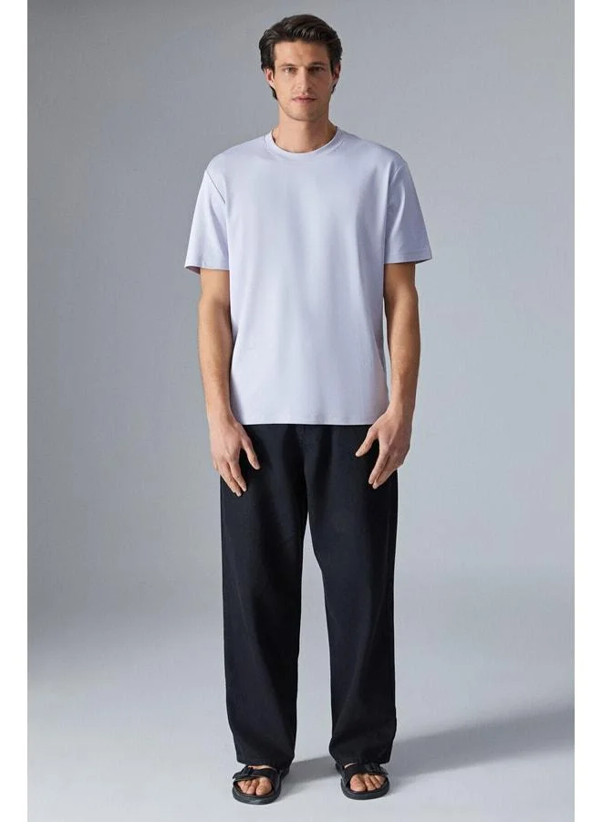 Grimelange HISON Men's Relaxed Bicycle Neck Short Sleeve Lilac T-Shirt.