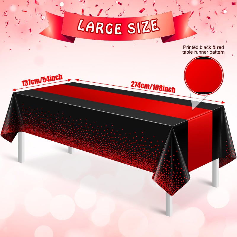 MASHAN 3Pcs Black and Red Tablecloth Party Decorations,Plastic Black Table Cloth Printed Red Table Runner Disposable Rectangle Cover for Birthday Weeding Anniversary Graduation Party,54 x108 Inch - Image 2