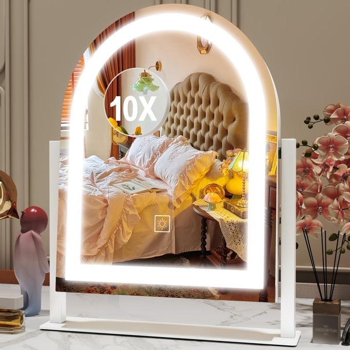 LIGHTED MAKEUP MIRROR WITH 3COLOR DIMMABLE LIGHTING WITH REMOVABLE 10X MAGNIFIER SMART TOUCH CONTROL 360 ROTATION 15 X 13 HOLLYWOOD VANITY MIRROR FOR TABLETOP OR DESK WHITE