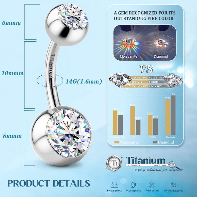 GEMQUEEN TItanium Belly Button Ring - Hypoallergenic Internally Threaded Moissanite Belly Rings 14G Navel Piercing Jewelry For Women Men D Color VVS1 Clarity Brilliant Cut Round Ball 10mm - Image 3