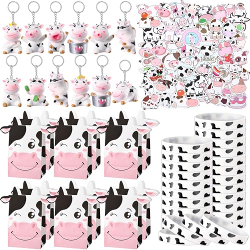 Fumete 86 Pcs Cow Party Favors Supplies Include Cow Keychain Party Paper Bags Keychains Cow Silicone Bracelets Vinyl Stickers for Girls Kids Baby Shower Treat Goodie Birthday Supplies - Image 1