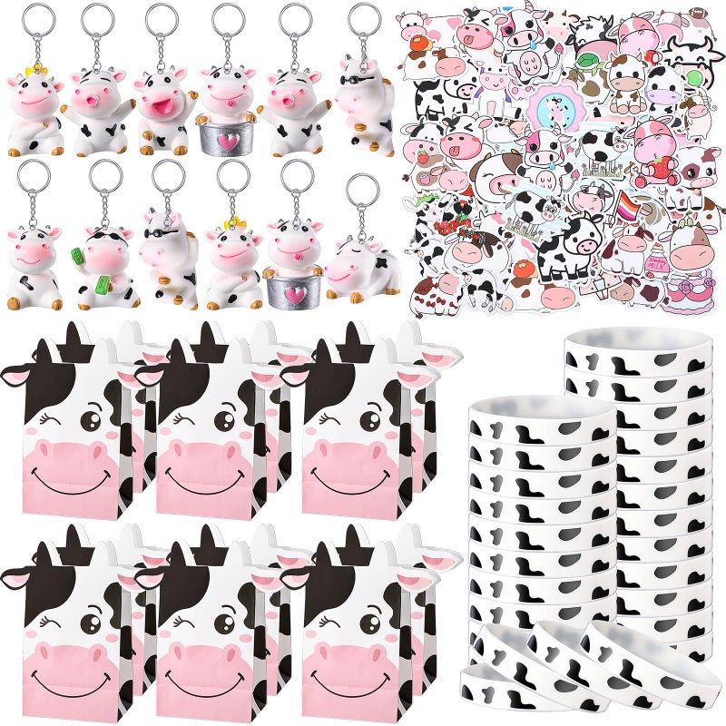 Fumete 86 Pcs Cow Party Favors Supplies Include Cow Keychain Party Paper Bags Keychains Cow Silicone Bracelets Vinyl Stickers for Girls Kids Baby Shower Treat Goodie Birthday Supplies - Image 3