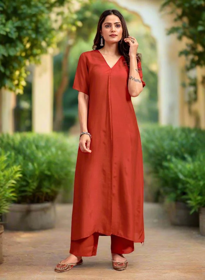 Kasya  Rust Soft A-Line Kurta and Trousers Co-ords for Women | Best Price UAE