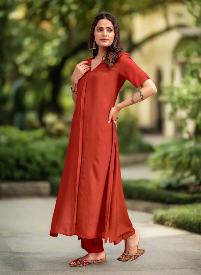Kasya  Rust Soft A-Line Kurta and Trousers Co-ords for Women | Best Price UAE