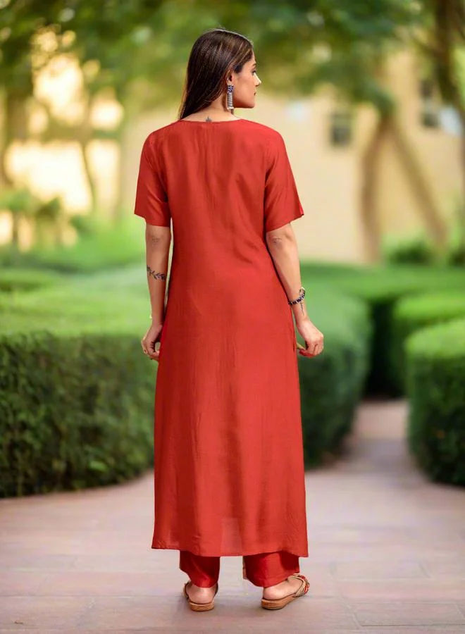Kasya  Rust Soft A-Line Kurta and Trousers Co-ords for Women | Best Price UAE
