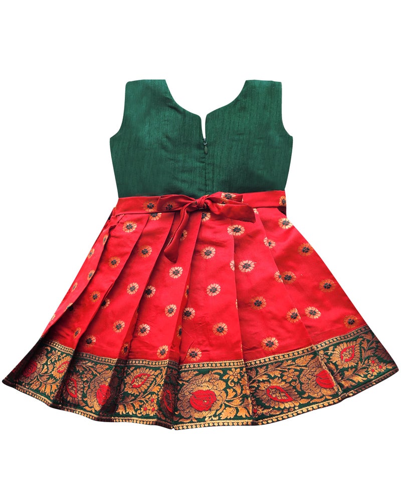 Suzvan South Indian Traditional Embroidery Pattu Pavadai Jacquard Silk Lehenga Choli (Green & Red, 1-2 Years) - Image 2