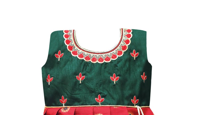 Suzvan South Indian Traditional Embroidery Pattu Pavadai Jacquard Silk Lehenga Choli (Green & Red, 1-2 Years) - Image 3
