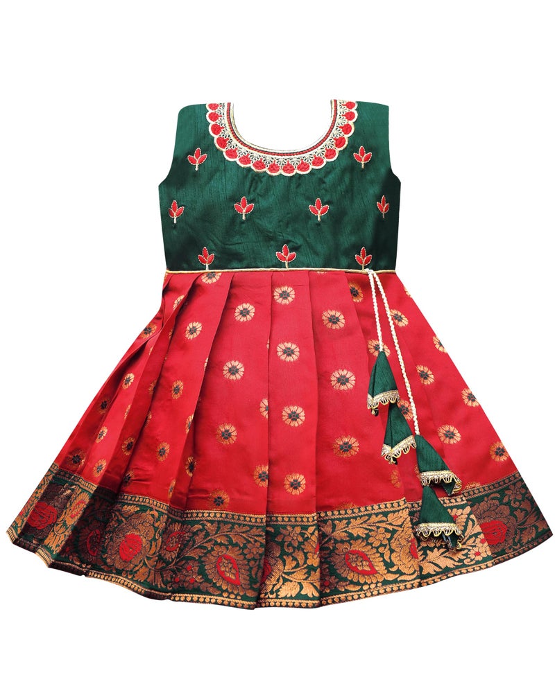 Suzvan South Indian Traditional Embroidery Pattu Pavadai Jacquard Silk Lehenga Choli (Green & Red, 1-2 Years) - Image 1