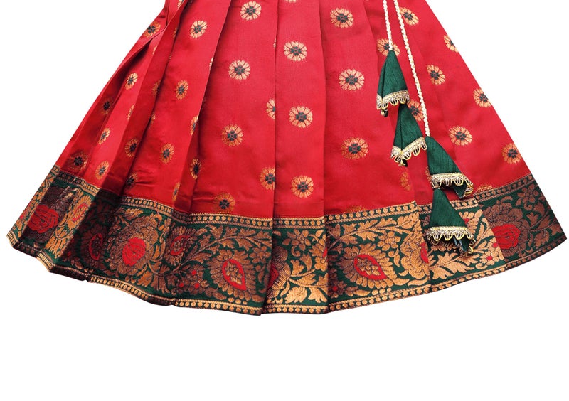 Suzvan South Indian Traditional Embroidery Pattu Pavadai Jacquard Silk Lehenga Choli (Green & Red, 1-2 Years) - Image 4