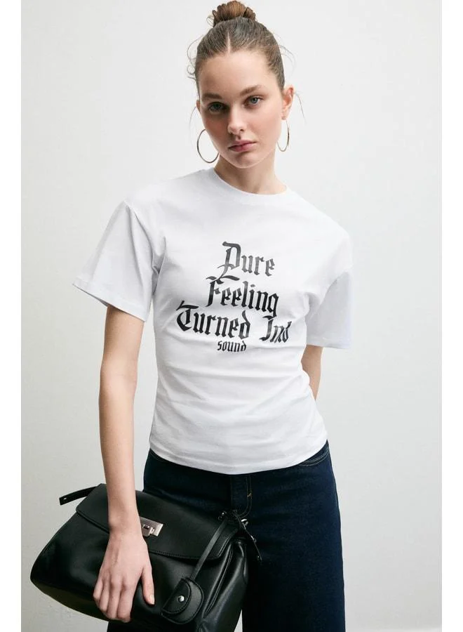 Grimelange LAVINYA Women's Soft Fabric 100% Cotton Printed Detailed White T-Shirt.