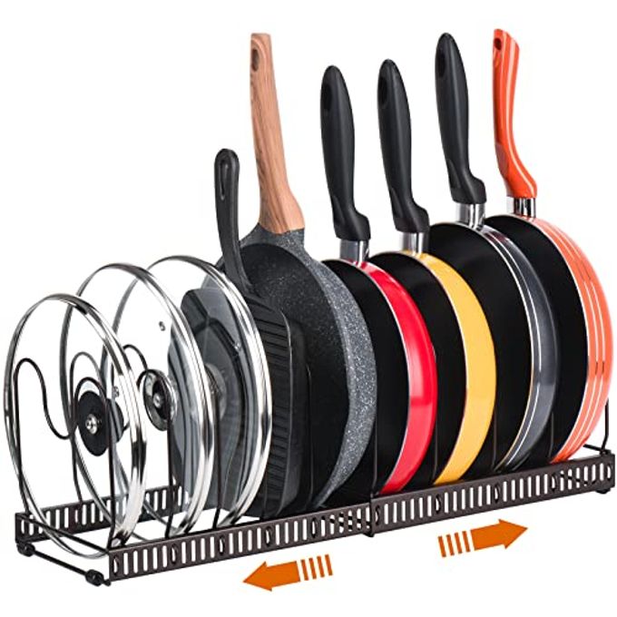 TopLife Pots and Pans Organizer Rack for Cabinet and Countertop, 10+ Pot Lids, Bakeware and Cookware Organizer Rack Holder with 10 Adjustable Compartments Brown - Image 1