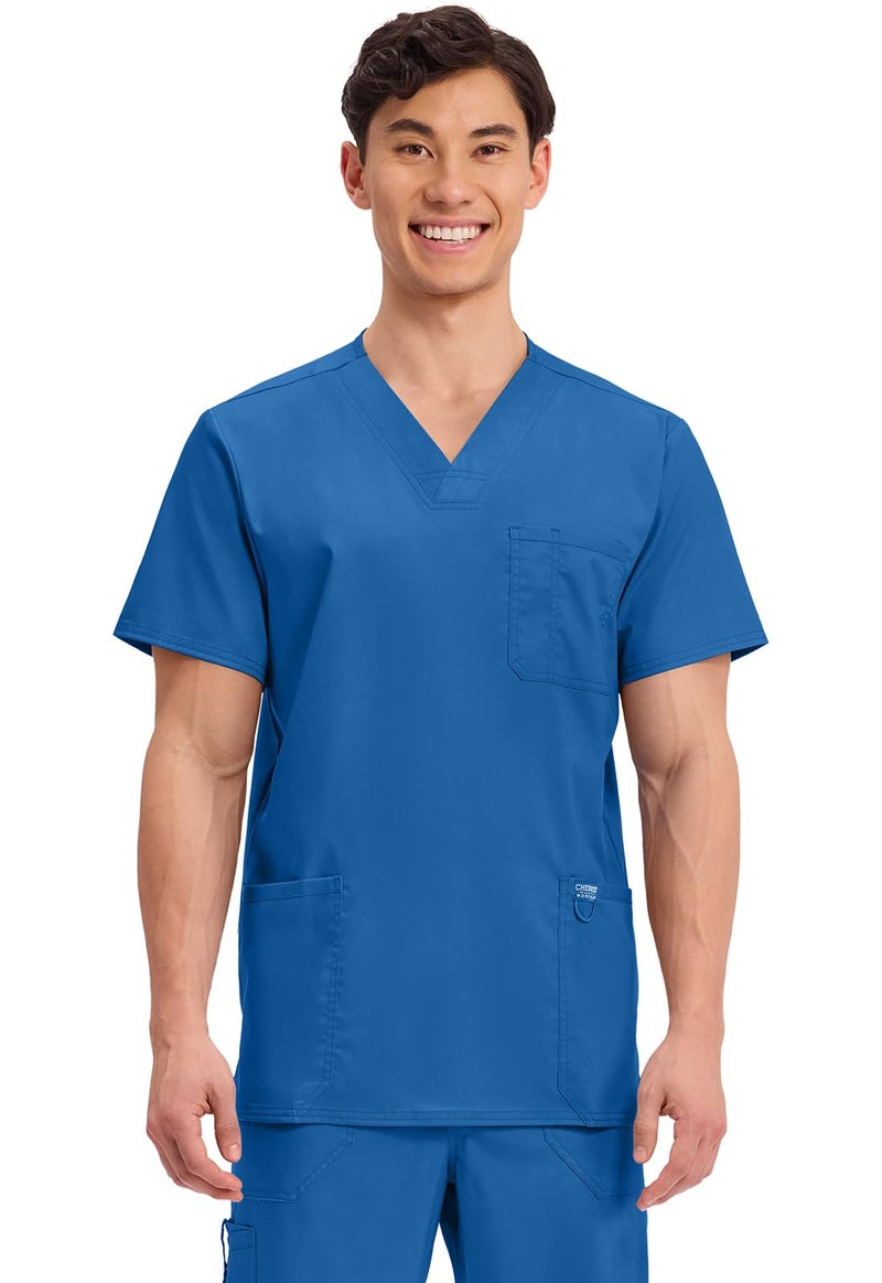 Cherokee Scrub top for Men V-Neck with 3 Pockets, Knit Details, Soft, Durable, Breathable, 2-Way Stretch Fabric - WW670, XL, Royal