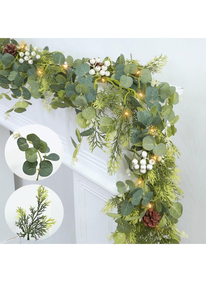 Camlinbo 6 Ft Christmas Garland, Real-Touch Cedar Garland Christmas Decorations Greenery Cypress & Eucalyptus Garland with Lights Timer Pine Cones Red Berried, Lighted Xmas Cedar Garland for Indoor Home Decor  - Image 1