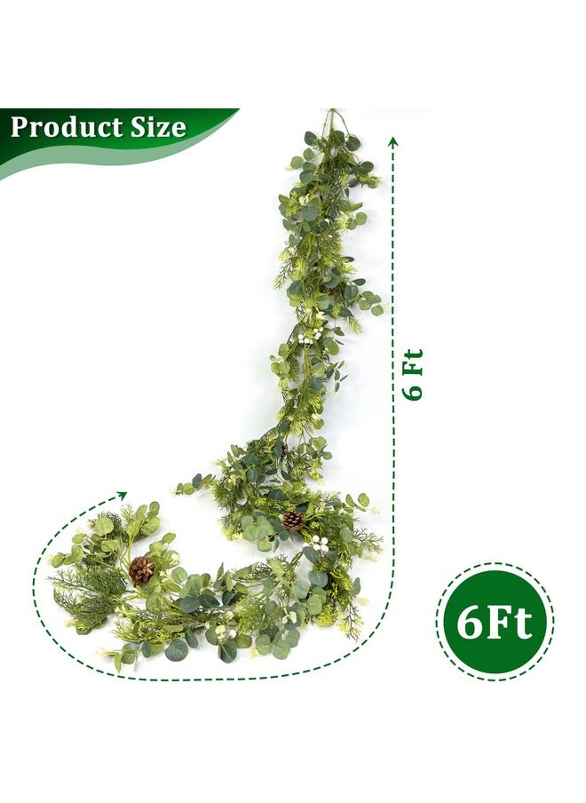 Camlinbo 6 Ft Christmas Garland, Real-Touch Cedar Garland Christmas Decorations Greenery Cypress & Eucalyptus Garland with Lights Timer Pine Cones Red Berried, Lighted Xmas Cedar Garland for Indoor Home Decor  - Image 2