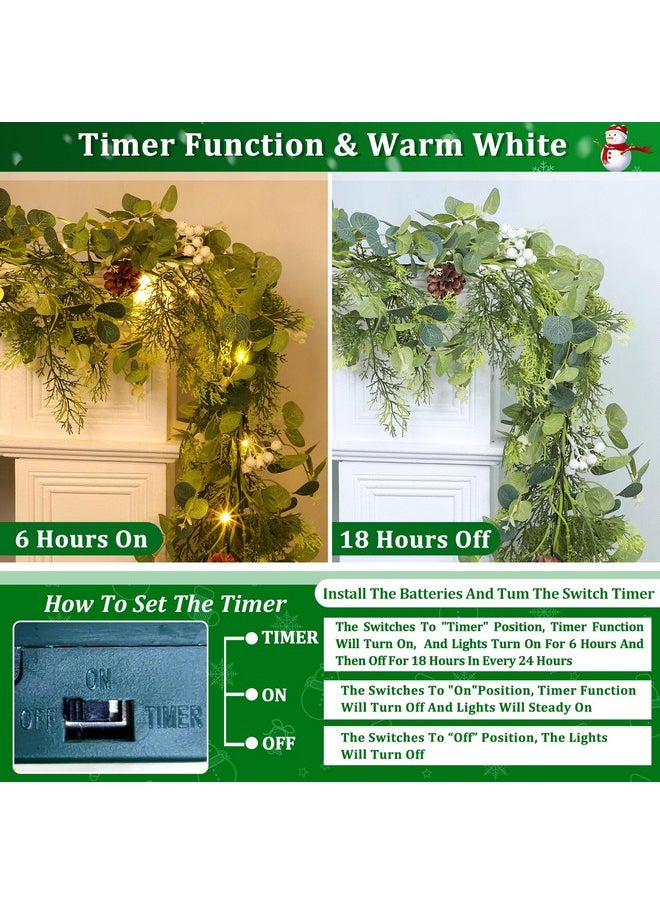 Camlinbo 6 Ft Christmas Garland, Real-Touch Cedar Garland Christmas Decorations Greenery Cypress & Eucalyptus Garland with Lights Timer Pine Cones Red Berried, Lighted Xmas Cedar Garland for Indoor Home Decor  - Image 3