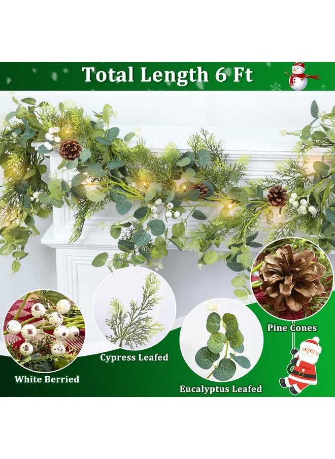 Camlinbo 6 Ft Christmas Garland, Real-Touch Cedar Garland Christmas Decorations Greenery Cypress & Eucalyptus Garland with Lights Timer Pine Cones Red Berried, Lighted Xmas Cedar Garland for Indoor Home Decor  - Image 4