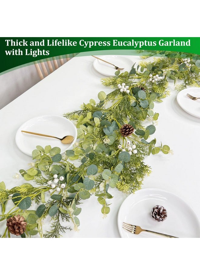 Camlinbo 6 Ft Christmas Garland, Real-Touch Cedar Garland Christmas Decorations Greenery Cypress & Eucalyptus Garland with Lights Timer Pine Cones Red Berried, Lighted Xmas Cedar Garland for Indoor Home Decor  - Image 5