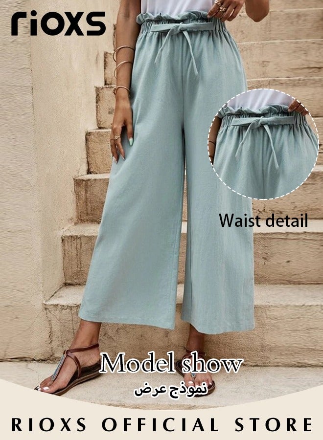 RIOXS Wide Leg Ruffle Pants For Women Girls Casual Loose High Waist Tie-Knot Trousers With Pockets Woman's Summer Flowy Pants  - Image 3
