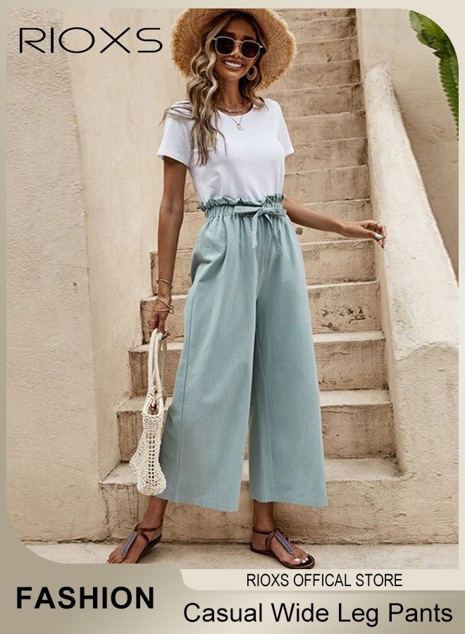 RIOXS Wide Leg Ruffle Pants For Women Girls Casual Loose High Waist Tie-Knot Trousers With Pockets Woman's Summer Flowy Pants  - Image 1
