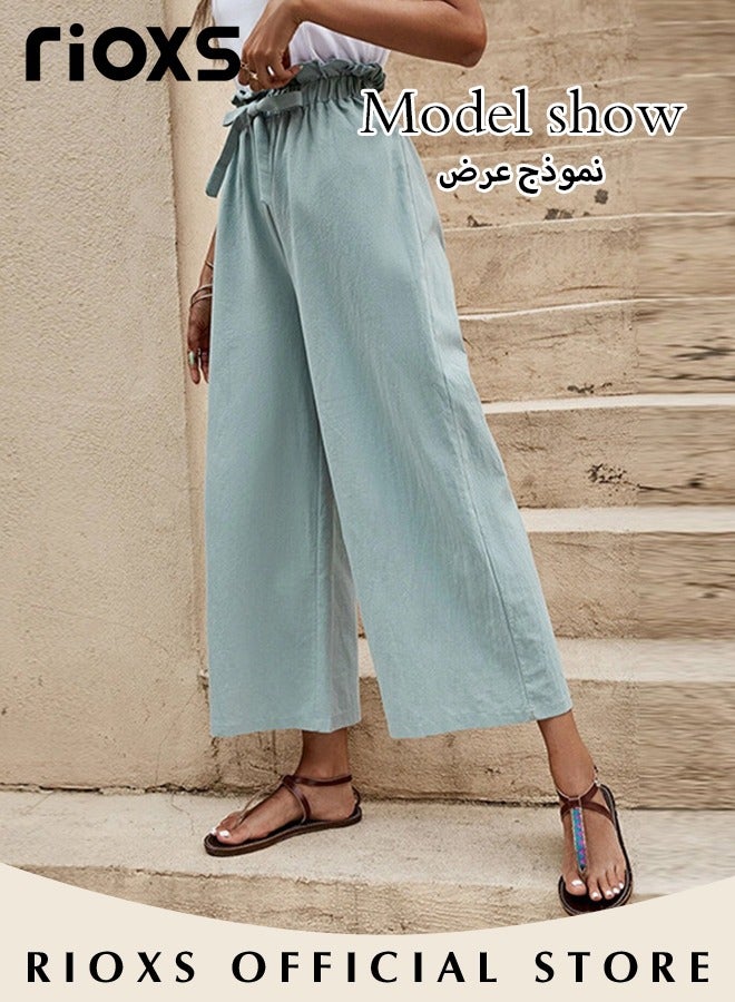RIOXS Wide Leg Ruffle Pants For Women Girls Casual Loose High Waist Tie-Knot Trousers With Pockets Woman's Summer Flowy Pants  - Image 4
