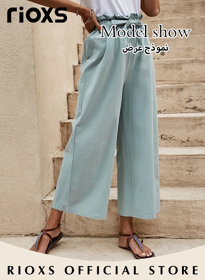 RIOXS Wide Leg Ruffle Pants For Women Girls Casual Loose High Waist Tie-Knot Trousers With Pockets Woman's Summer Flowy Pants  - Image 2