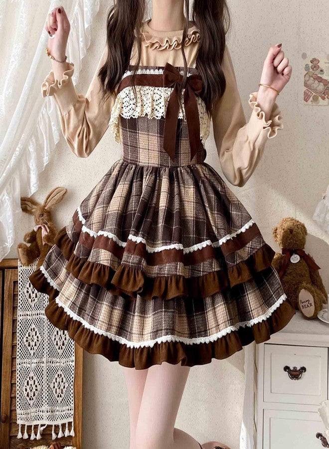 Cuteighteen Lolita Juniors Dresses Teens Preppy Vintage Plaid Kawaii Bow Lace Princess Tiered Ruffle Swing Sleeveless Dress (US, Alpha, Small, Regular, Regular, Brown) - Image 4