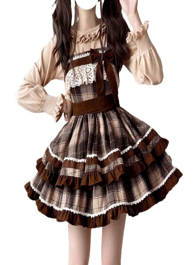 Cuteighteen Lolita Juniors Dresses Teens Preppy Vintage Plaid Kawaii Bow Lace Princess Tiered Ruffle Swing Sleeveless Dress (US, Alpha, Small, Regular, Regular, Brown) - Image 1