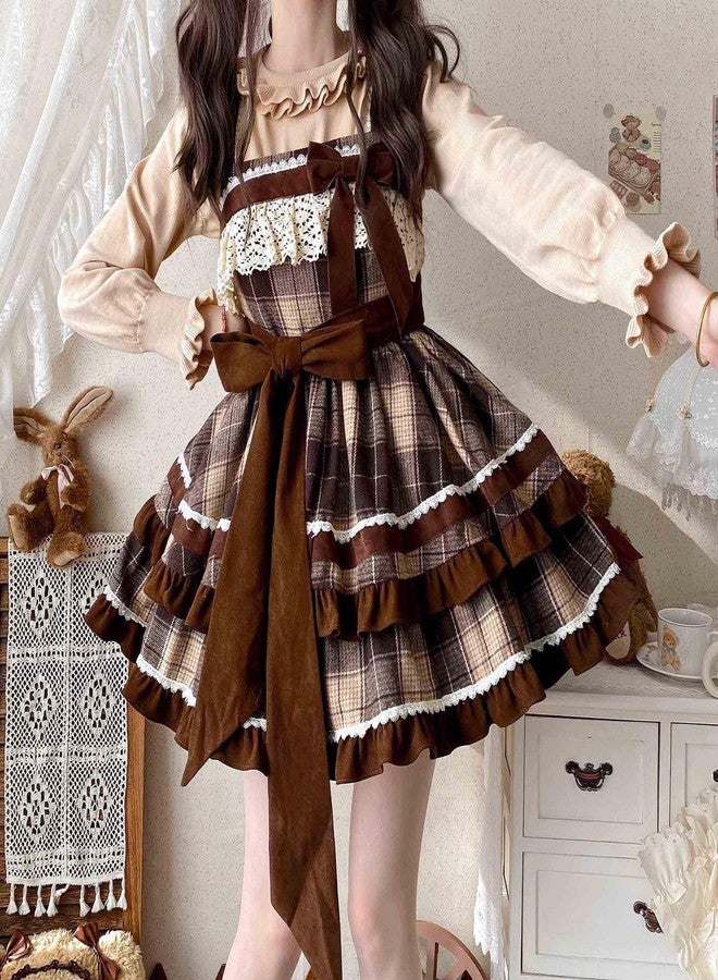 Cuteighteen Lolita Juniors Dresses Teens Preppy Vintage Plaid Kawaii Bow Lace Princess Tiered Ruffle Swing Sleeveless Dress (US, Alpha, Small, Regular, Regular, Brown) - Image 2