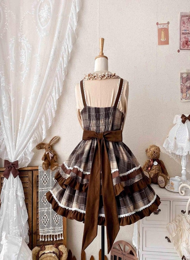 Cuteighteen Lolita Juniors Dresses Teens Preppy Vintage Plaid Kawaii Bow Lace Princess Tiered Ruffle Swing Sleeveless Dress (US, Alpha, Small, Regular, Regular, Brown) - Image 3