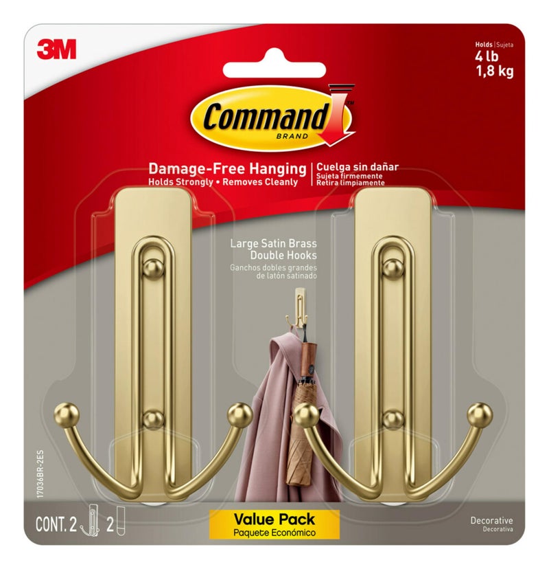 Command Command Large Satin Brass Double Hooks, 2 Hooks and 2 Command Strips, Damage Free Hanging Wall Hooks with Adhesive Strips, No Tools Coat Hooks for Hanging Home Decor, Holds up to 4 lb - Image 1