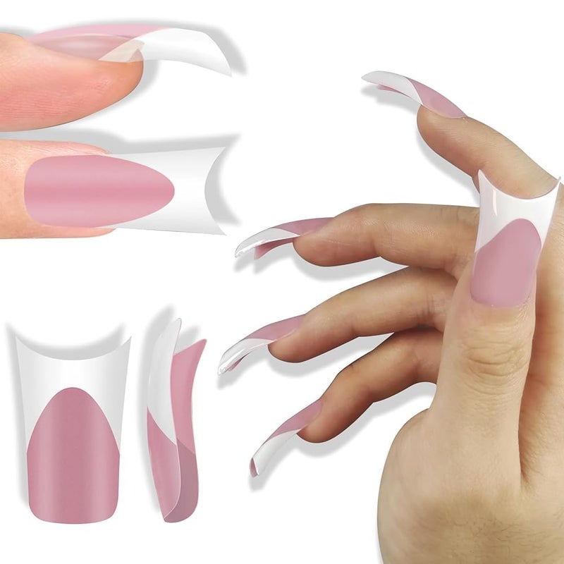 NOVO OVO Halloween White French Tip Duck Feet Nail Tips BERRY PINK Full Cover Press on Acrylic with Moon Curve, Thick Medim Long Pre-Etched Matte Wide Soft Gel False Nail Extension x 15 Sizes 150 pcs - Image 1