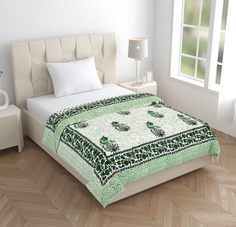 AARMOZY Hand Block Quilt Cotton Double Bed Jaipur Razai Buta Print Green 90X108 INCHE - Image 2