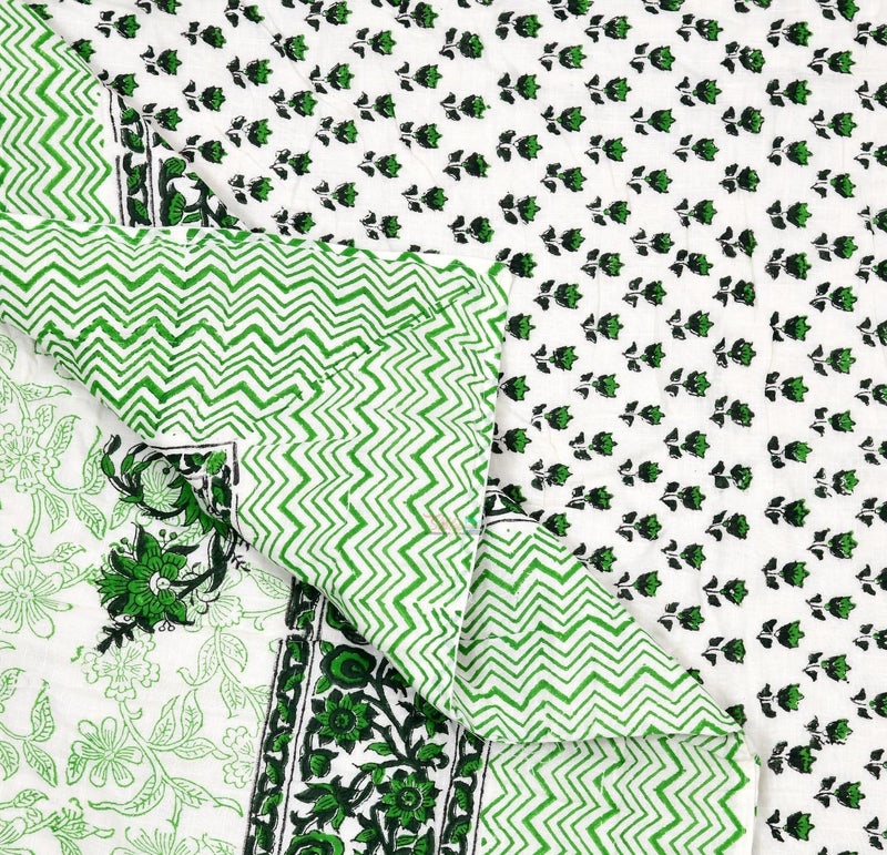 AARMOZY Hand Block Quilt Cotton Double Bed Jaipur Razai Buta Print Green 90X108 INCHE - Image 4
