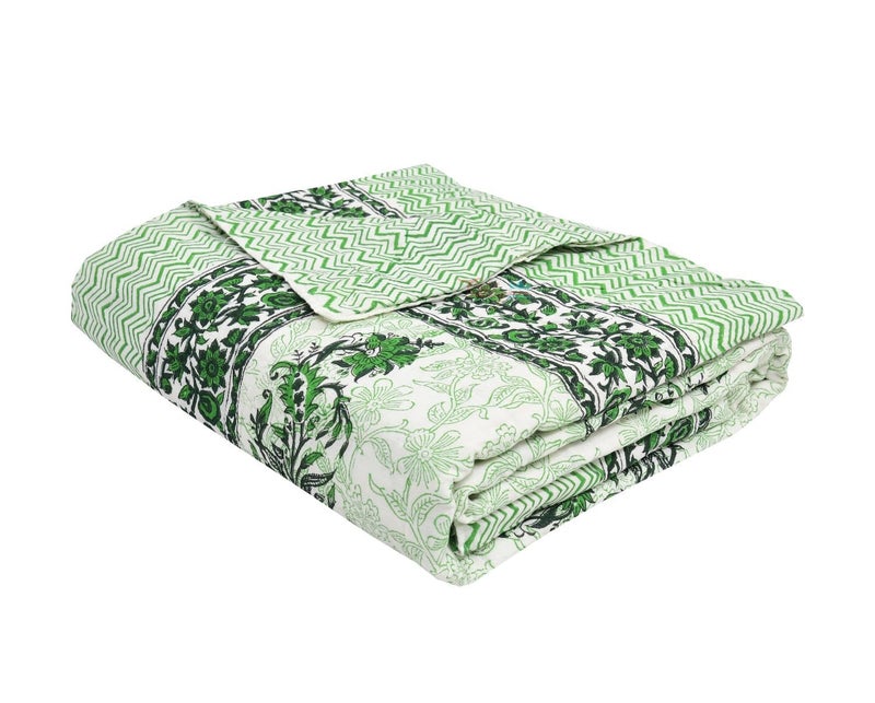 AARMOZY Hand Block Quilt Cotton Double Bed Jaipur Razai Buta Print Green 90X108 INCHE - Image 3