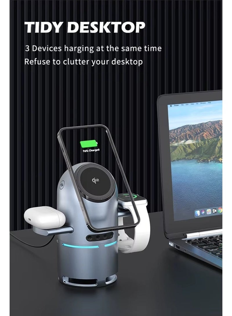 Standard QI2 Wireless Charging Station, Multifunctional 3-in-1 Bluetooth Speaker with Automatic Magnetic Rotating Stand for all iPhone (MagSafe) models 12, 13, 14, 15, 16, 17, AirPods Pro, Apple Watch, Samsung Galaxy Ultra - Image 3
