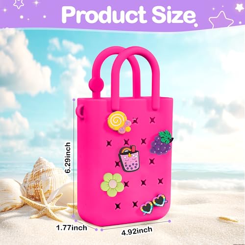 BestStone Silicone Small Rubber Beach Bag with 20 Charms, Hole Handbag With Adjustable Shoulder Strap, Mini Tote Bags for Little Girls and Woman(Hot Pink) - Image 3