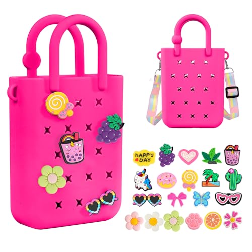 BestStone Silicone Small Rubber Beach Bag with 20 Charms, Hole Handbag With Adjustable Shoulder Strap, Mini Tote Bags for Little Girls and Woman(Hot Pink) - Image 1