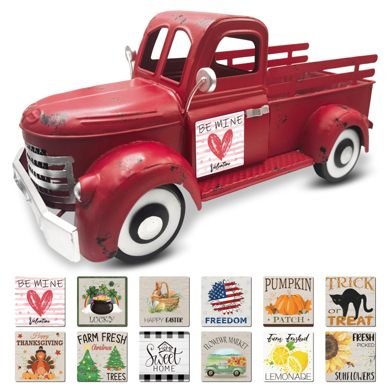 Teeloray Thanksgiving Table Decor 13.4 Inch Farmhouse Vintage Truck with 12 Magnets Fall Thanksgiving Centerpieces for Tables Rustic Turkey Decoration Metal Pickup Interchangeable Holiday Decor, White - Image 1