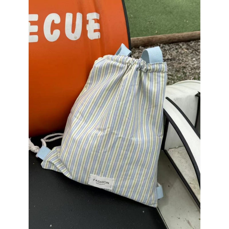Canvas Casual Backpack Commuter 2024 Fresh New Style Drawstring Backpack Striped Large Capacity Shoulder Bag - Image 4