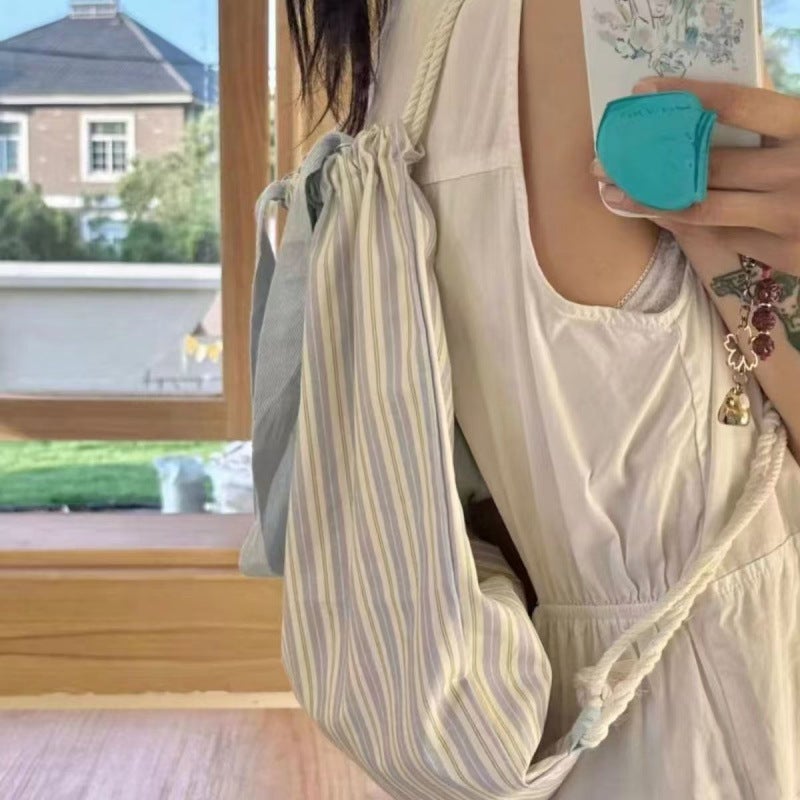 Canvas Casual Backpack Commuter 2024 Fresh New Style Drawstring Backpack Striped Large Capacity Shoulder Bag - Image 3