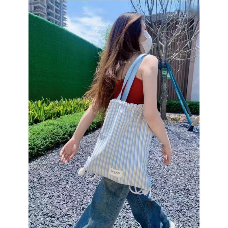 Canvas Casual Backpack Commuter 2024 Fresh New Style Drawstring Backpack Striped Large Capacity Shoulder Bag - Image 2