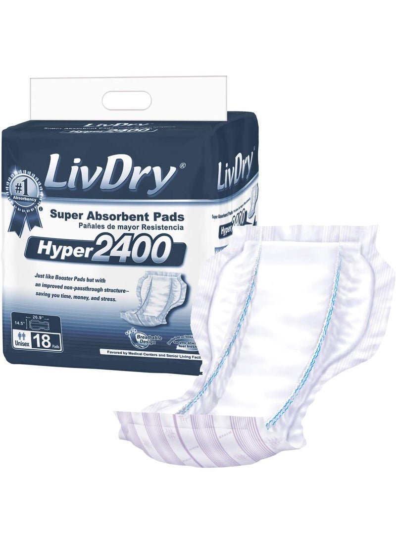 LIVDRY LivDry High Absorbency Pad Insert for Incontinence Briefs and Adult Diapers, Women and Men, Hyper 2400 (18 Count) 