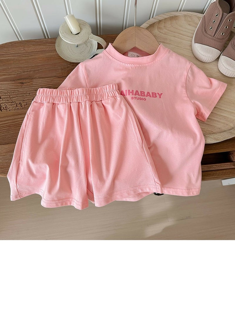 Loquat Kids Shorts Set Short Sleeve Letter Pattern T-shirt And Shorts With Two Pockets Summer Casual Set Pink