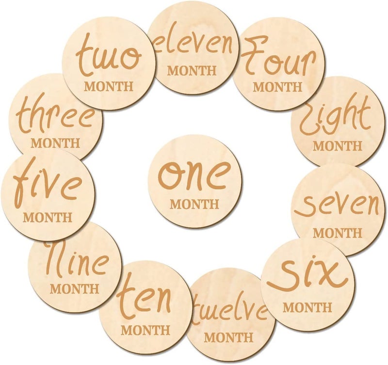 Haoser 12 PCS Wooden Baby Monthly Milestone - Milestone Photo Cards, 1-12 Months Wood Milestone Disc Set, Birth Announcement Sign for First Year Picture Props, 4 inch Diameter - Image 1