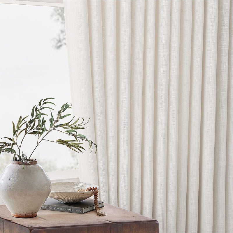TWODRAPES Extra Wide Pinch Pleat Linen Curtains 108 Inches Long for Living Room Sliding Glass Door 70 Inch Wide Semi Sheer Curtain Cream Ivory Boho Pleated Drape Hooks Rings 70x108 Large Window Curtain 1 Panel - Image 5