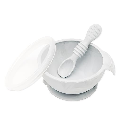 Bumkins Baby Bowl, Silicone Baby Feeding Set with Suction for Baby and Toddler, Includes Spoon and Lid, First Feeding Set, Essential for Baby Led Weaning for Babies 4 Months, Marble - Image 1