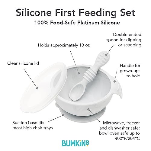 Bumkins Baby Bowl, Silicone Baby Feeding Set with Suction for Baby and Toddler, Includes Spoon and Lid, First Feeding Set, Essential for Baby Led Weaning for Babies 4 Months, Marble - Image 5