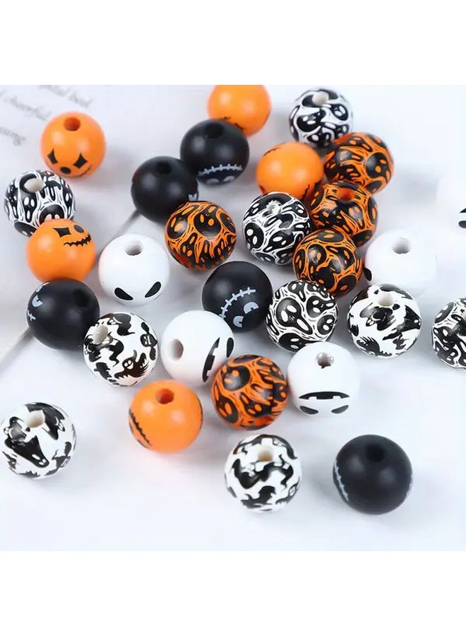 20 Pcs Halloween Wooden Beads Black Orange Spider Web Skull Design 16mm Round DIY Craft Bracelet Nuggets Style 2 - Image 2
